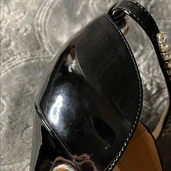 Black Patent Peep-Toe Platform 6 inch Heels with Rhinestone Ankle Strap - Picture 12 of 16